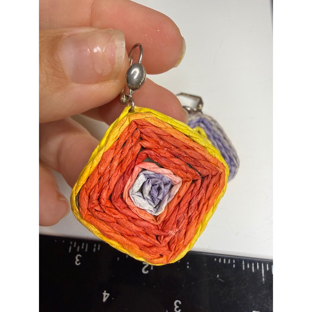 Handmade Woven Paper Coiled Drop Earrings Multi Color Asymmetrical Lever Back